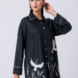 Black, Cotton Fabric, bead work and hand embroidered shirt with collar neck, Full sleeves