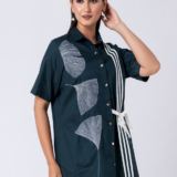 Green, Cotton Fabric, Bead and hand embroidered shirt with collar neck, Half sleeves