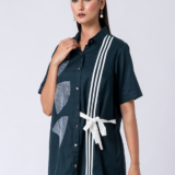 Green, Cotton Fabric, Bead and hand embroidered shirt with collar neck, Half sleeves