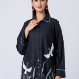 Black, Cotton Fabric, bead work and hand embroidered shirt with collar neck, Full sleeves