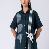 Green, Cotton Fabric, Bead and hand embroidered shirt with collar neck, Half sleeves