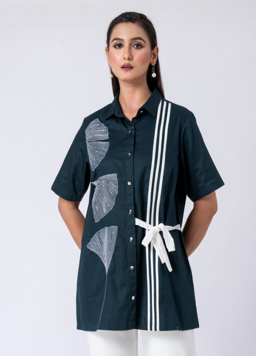 Green, Cotton Fabric, Bead and hand embroidered shirt with collar neck, Half sleeves