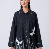 Black, Cotton Fabric, bead work and hand embroidered shirt with collar neck, Full sleeves