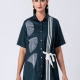 Green, Cotton Fabric, Bead and hand embroidered shirt with collar neck, Half sleeves