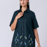 GREEN FLEUR SHIRT:Green, Cotton Fabric, Bead and hand embroidered shirt with collar neck, Half sleeves