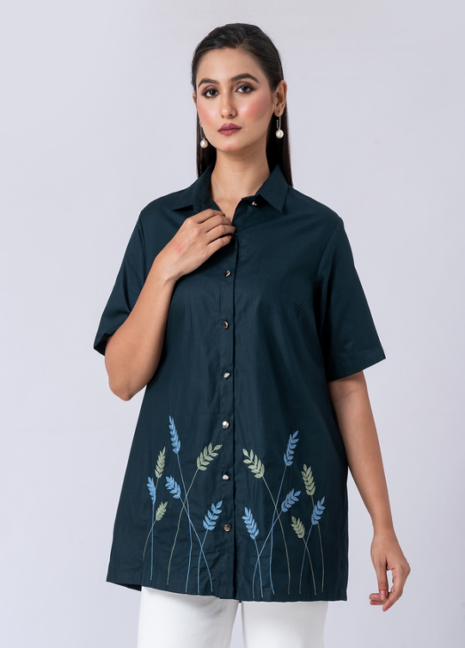 GREEN FLEUR SHIRT:Green, Cotton Fabric, Bead and hand embroidered shirt with collar neck, Half sleeves