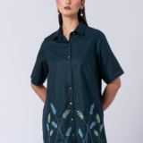 GREEN FLEUR SHIRT:Green, Cotton Fabric, Bead and hand embroidered shirt with collar neck, Half sleeves