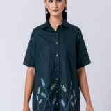 GREEN FLEUR SHIRT:Green, Cotton Fabric, Bead and hand embroidered shirt with collar neck, Half sleeves