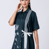 Green, Cotton Fabric, Bead and hand embroidered shirt with collar neck, Half sleeves