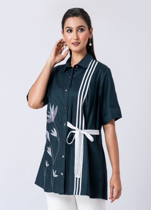 Green, Cotton Fabric, Bead and hand embroidered shirt with collar neck, Half sleeves