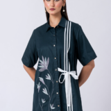 Green, Cotton Fabric, Bead and hand embroidered shirt with collar neck, Half sleeves