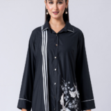 Black, Cotton Fabric, Bead and hand embroidered shirt with collar neck, Full sleeves