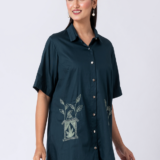 Green, Cotton Fabric, Bead and hand embroidered shirt with collar neck, Half sleeves