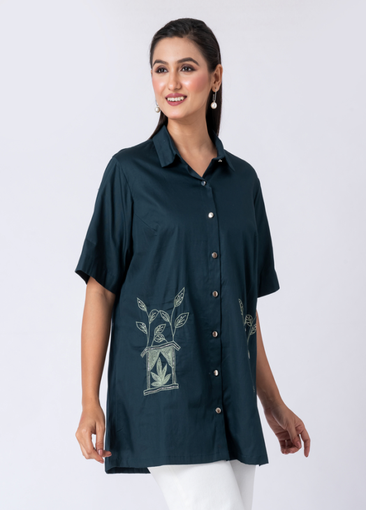 Green, Cotton Fabric, Bead and hand embroidered shirt with collar neck, Half sleeves