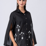 Black, Crepe fabric, Beaded hand embroidered shirt with collar neck, Asymetrical sleeves