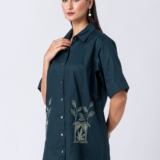 Green, Cotton Fabric, Bead and hand embroidered shirt with collar neck, Half sleeves