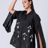 Black, Crepe fabric, Beaded hand embroidered shirt with collar neck, Asymetrical sleeves