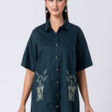 Green, Cotton Fabric, Bead and hand embroidered shirt with collar neck, Half sleeves