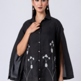 Black, Crepe fabric, Beaded hand embroidered shirt with collar neck, Asymetrical sleeves