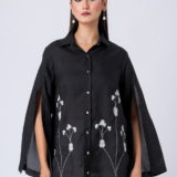 Black, Crepe fabric, Beaded hand embroidered shirt with collar neck, Asymetrical sleeves
