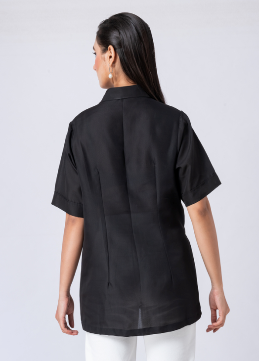 Black, Crepe Fabric, Bead and hand embroidered shirt with collar neck, Half sleeves