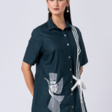 Green, Cotton Fabric, Bead and hand embroidered shirt with collar neck, Half sleeves