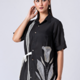 Black, Crepe Fabric, Bead and hand embroidered shirt with collar neck, Half sleeves