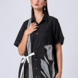Black, Crepe Fabric, Bead and hand embroidered shirt with collar neck, Half sleeves