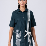 Green, Cotton Fabric, Bead and hand embroidered shirt with collar neck, Half sleeves