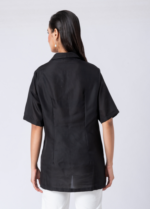 Black, Crepe Fabric, Bead and hand embroidered shirt with collar neck, Half sleeves