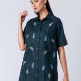 GREEN MYSTIC SHIRT: Green, Cotton Fabric, Bead and hand embroidered shirt with collar neck, Half sleeves