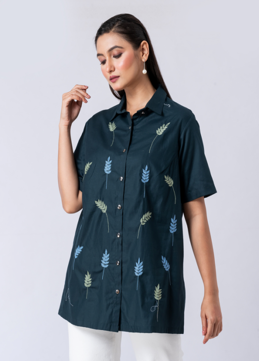 GREEN MYSTIC SHIRT: Green, Cotton Fabric, Bead and hand embroidered shirt with collar neck, Half sleeves