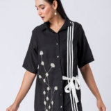 Black, Crepe Fabric, Bead and hand embroidered shirt with collar neck, Half sleeves