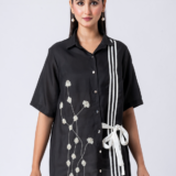 Black, Crepe Fabric, Bead and hand embroidered shirt with collar neck, Half sleeves