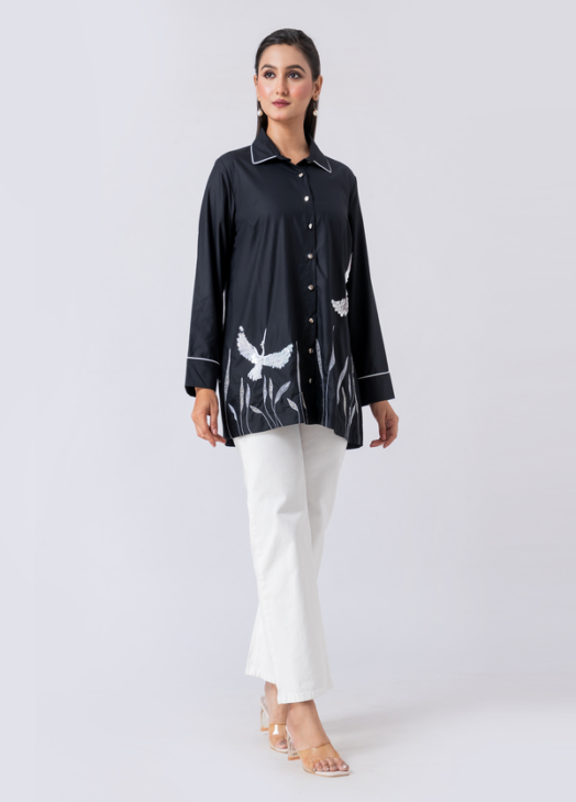 Black, Cotton Fabric, bead work and hand embroidered shirt with collar neck, Full sleeves