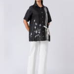 Black, Crepe Fabric, Bead and thread embroidered shirt with collar neck, Half sleeves