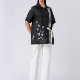 Black, Crepe Fabric, Bead and thread embroidered shirt with collar neck, Half sleeves