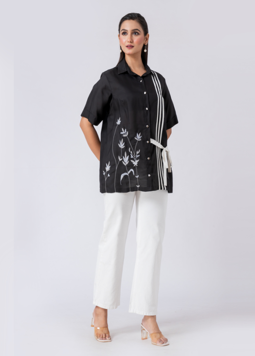 Black, Crepe Fabric, Bead and thread embroidered shirt with collar neck, Half sleeves