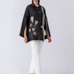 Black, Crepe fabric, Beaded hand embroidered shirt with collar neck, Asymetrical sleeves