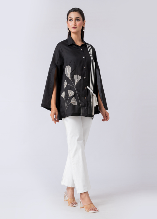 Black, Crepe fabric, Beaded hand embroidered shirt with collar neck, Asymetrical sleeves