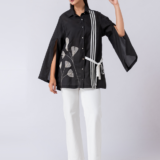 Black, Crepe fabric, Beaded hand embroidered shirt with collar neck, Asymetrical sleeves
