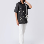 Black, Crepe Fabric, Bead and hand embroidered shirt with collar neck, Half sleeves
