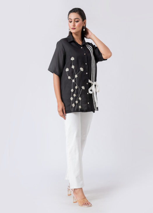 Black, Crepe Fabric, Bead and hand embroidered shirt with collar neck, Half sleeves