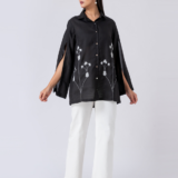 Black, Crepe fabric, Beaded hand embroidered shirt with collar neck, Asymetrical sleeves