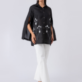 Black, Crepe fabric, Beaded hand embroidered shirt with collar neck, Asymetrical sleeves