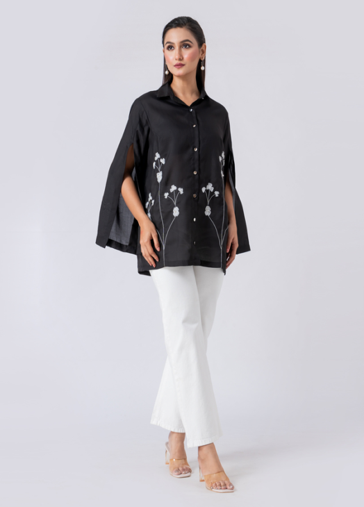 Black, Crepe fabric, Beaded hand embroidered shirt with collar neck, Asymetrical sleeves