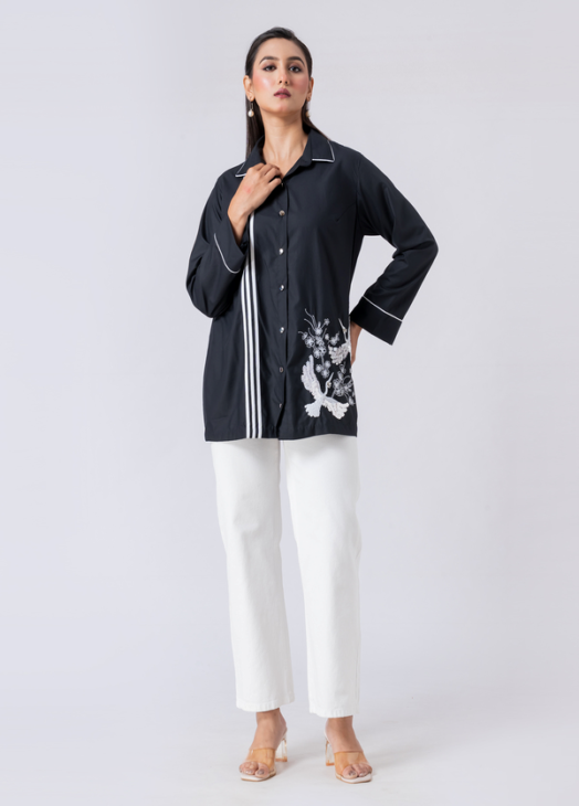 Black, Cotton Fabric, Bead and hand embroidered shirt with collar neck, Full sleeves