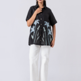 Black, Crepe Fabric, Threaded embroidered shirt with collar neck, Half sleeves