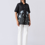 Black, Crepe Fabric, Threaded embroidered shirt with collar neck, Half sleeves