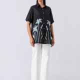 Black, Crepe Fabric, Threaded embroidered shirt with collar neck, Half sleeves